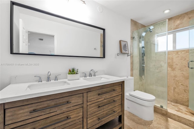 615 NE 115th St, Biscayne Park, FL 33161 - bathroom featuring a stall shower, toilet, and double vanity