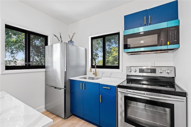 1824 NW 47th St, Miami, FL 33142 - kitchen featuring stainless steel appliances, blue cabinets, a sink, and healthy amount of natural light