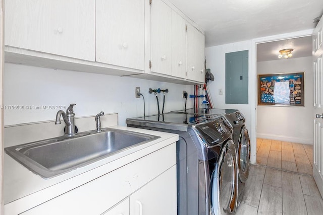 5715 Bayberry Ln, Tamarac, FL 33319 - laundry room featuring independent washer and dryer, electric panel, cabinet space, light wood-type flooring, and baseboards