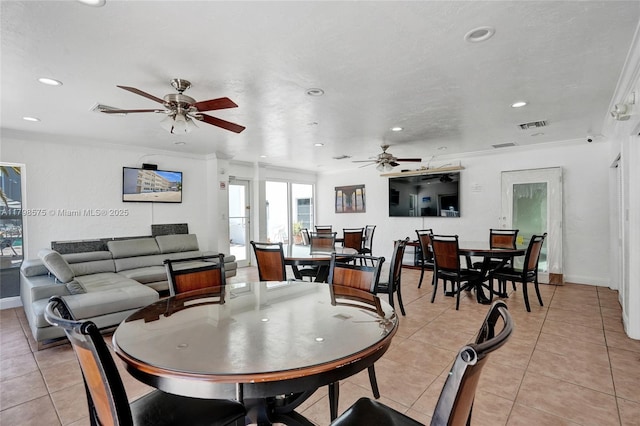 2840 NE 14th St Cswy Unit 408A, Pompano Beach, FL 33062 - dining area with ceiling fan, recessed lighting, light tile patterned floors, ornamental molding, and baseboards
