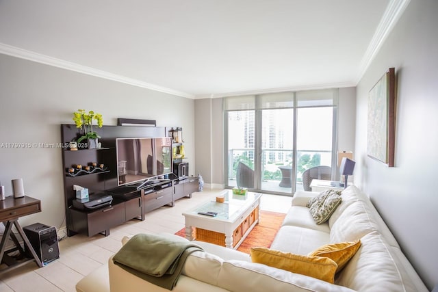 living area featuring ornamental molding, expansive windows, and light tile patterned flooring