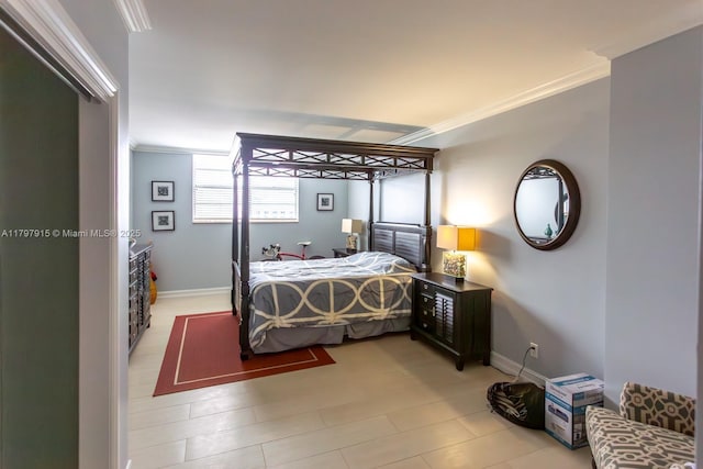 bedroom featuring crown molding, baseboards, and light tile patterned flooring