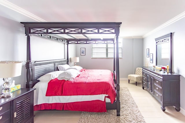 tiled bedroom with ornamental molding