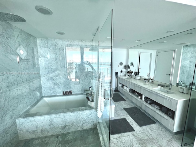 3131 NE 7th Ave Unit 1404, Miami, FL 33137 - bathroom with a shower stall, a bath, and double vanity