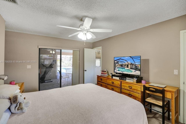 1930 W Oak Knoll Cir, Davie, FL 33324 - bedroom with access to outside, a textured ceiling, and ceiling fan