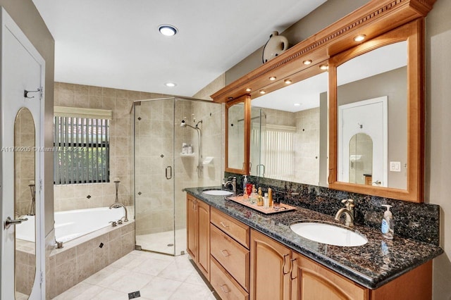 1930 W Oak Knoll Cir, Davie, FL 33324 - bathroom featuring a stall shower, tile patterned floors, a garden tub, double vanity, and recessed lighting