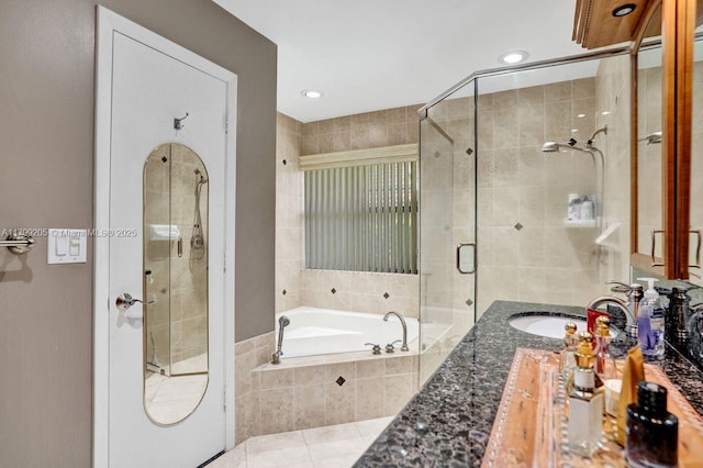1930 W Oak Knoll Cir, Davie, FL 33324 - bathroom featuring a shower stall, a garden tub, vanity, tile patterned flooring, and recessed lighting