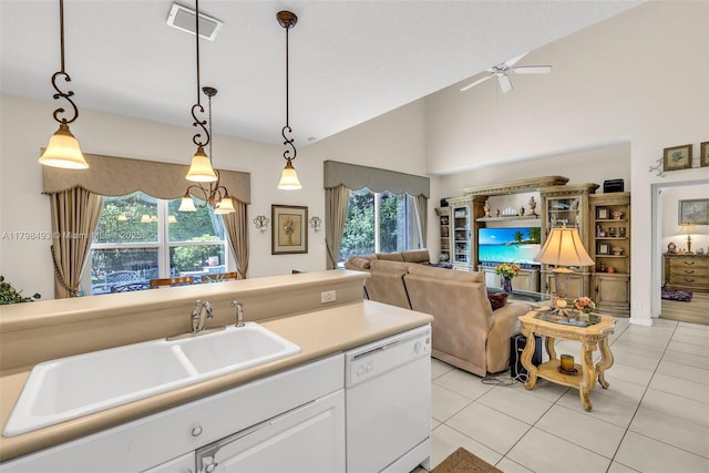 11919 NW 47th St, Coral Springs, FL 33076 - kitchen featuring dishwasher, a sink, ceiling fan, decorative light fixtures, and light tile patterned floors