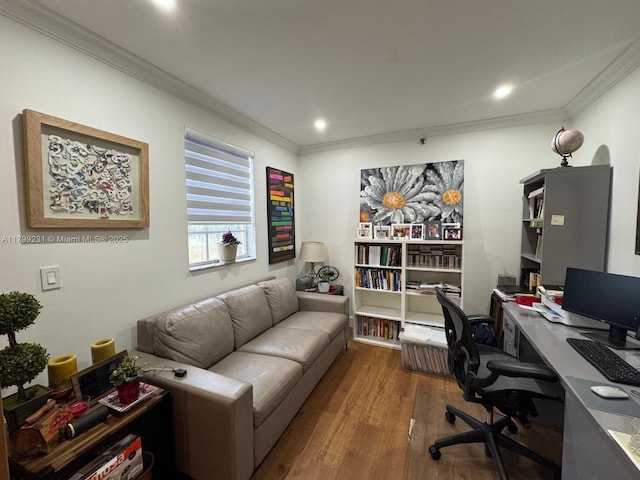 1400 Salzedo St Unit 208, Coral Gables, FL 33134 - office area featuring wood finished floors, ornamental molding, and recessed lighting