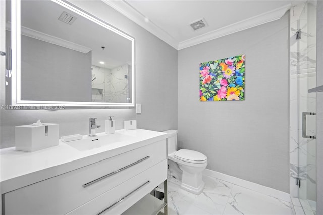 1400 Salzedo St Unit 208, Coral Gables, FL 33134 - bathroom featuring ornamental molding, a marble finish shower, marble finish flooring, and vanity