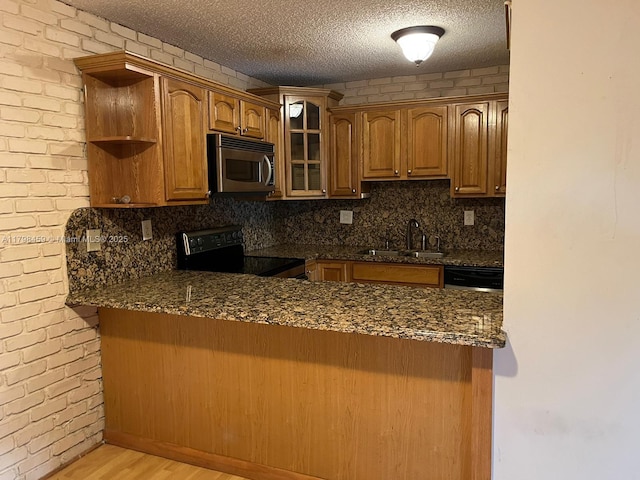 10600 SW 71st Ln Unit 10600, Miami, FL 33173 - kitchen featuring stainless steel microwave, electric range, a sink, open shelves, and a peninsula