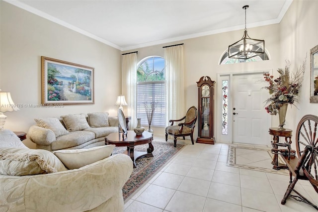 14284 NW 18th Mnr, Pembroke Pines, FL 33028 - living room with light tile patterned floors, a chandelier, ornamental molding, and baseboards