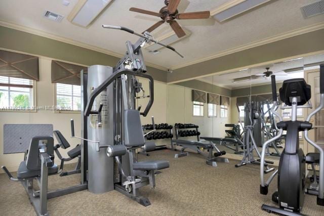 exercise room featuring a ceiling fan, carpet floors, plenty of natural light, and crown molding