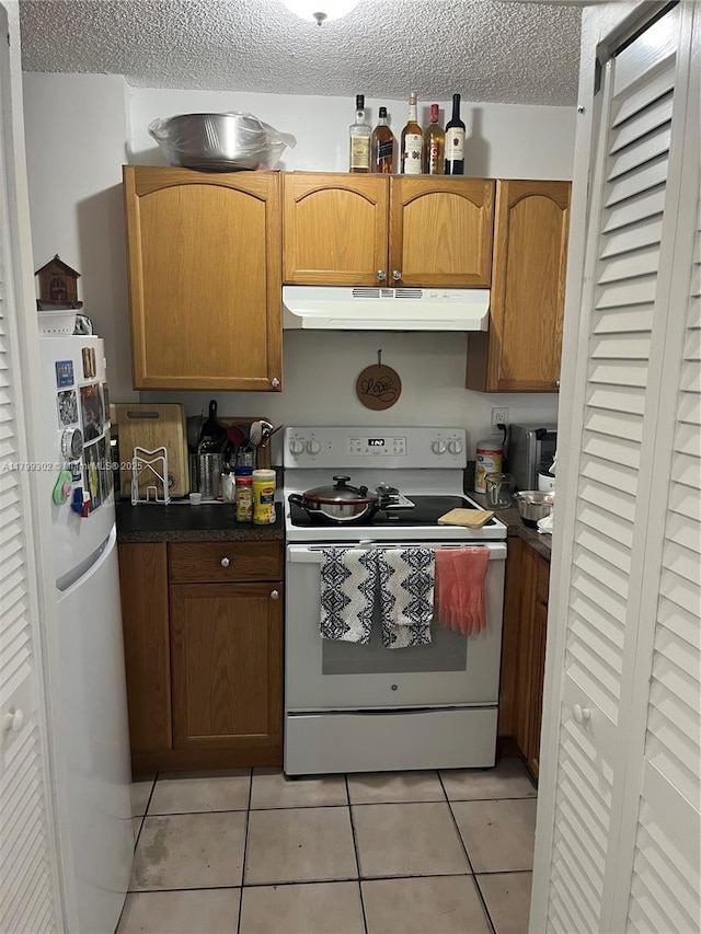 8145 NW 7th St Unit 211, Miami, FL 33126 - kitchen featuring white appliances, under cabinet range hood, a textured ceiling, light tile patterned floors, and dark countertops