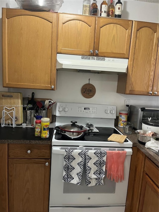 8145 NW 7th St Unit 211, Miami, FL 33126 - kitchen featuring white range with electric stovetop, under cabinet range hood, and dark countertops