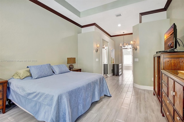 bedroom with a chandelier, crown molding, baseboards, and recessed lighting