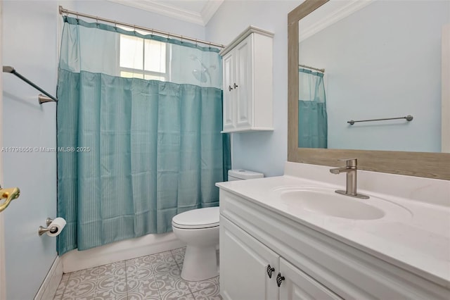 bathroom featuring crown molding, toilet, tile patterned flooring, vanity, and shower / tub combo