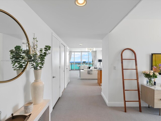 475 Brickell Ave Unit 5507, Miami, FL 33131 - living area featuring a water view, baseboards, carpet, plenty of natural light, and a wall of windows