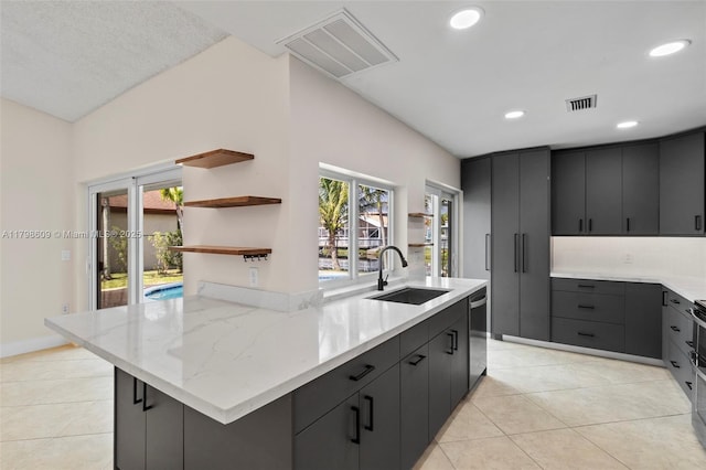 16791 Royal Poinciana Dr, Weston, FL 33326 - kitchen featuring dishwasher, a sink, recessed lighting, light tile patterned floors, and open shelves