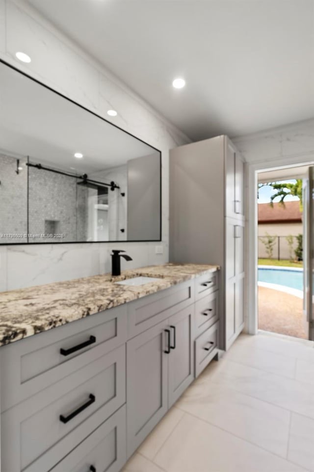 16791 Royal Poinciana Dr, Weston, FL 33326 - full bath with vanity, recessed lighting, a shower, and tile patterned floors