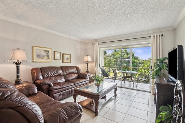 6020 NW 44th St Unit 309, Lauderhill, FL 33319 - living area featuring light tile patterned floors, a textured ceiling, and crown molding