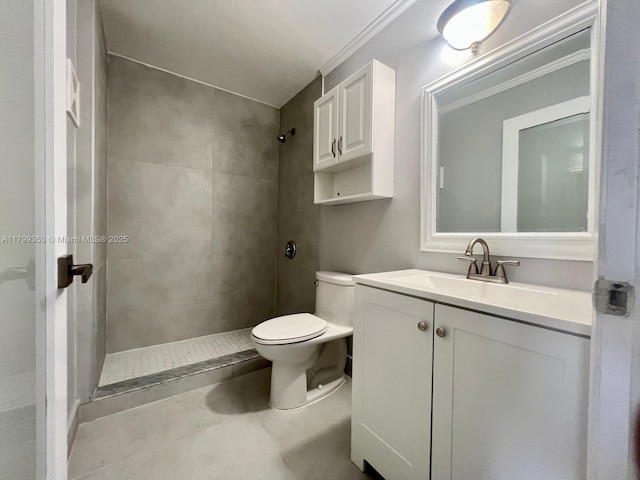 15711 SW 137th Ave Unit 201, Miami, FL 33177 - bathroom with a tile shower, toilet, crown molding, vanity, and concrete flooring