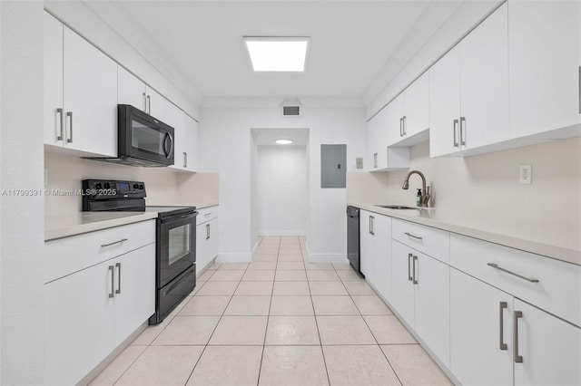8401 NW 8th St Unit 401, Miami, FL 33126 - kitchen featuring black appliances, a sink, light countertops, electric panel, and crown molding