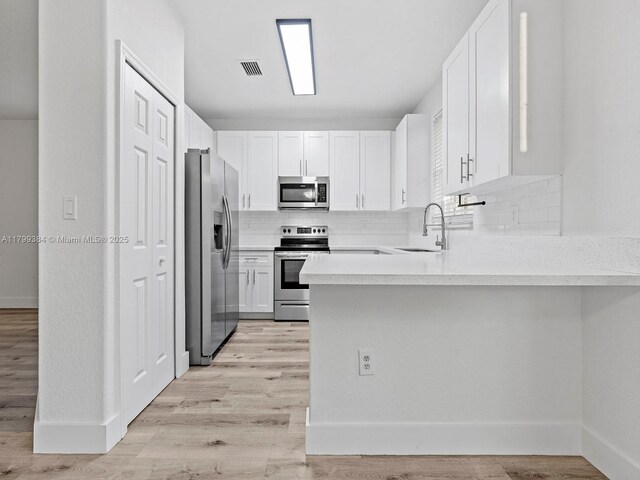 2482 SE 14th Ct, Homestead, FL 33035 - kitchen featuring appliances with stainless steel finishes, a peninsula, a sink, decorative backsplash, and light countertops