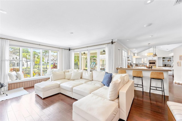 living room featuring plenty of natural light, dark wood-type flooring, and lofted ceiling