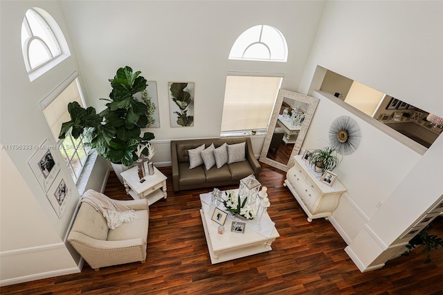 1374 NW 159th Ave, Pembroke Pines, FL 33028 - living room with a towering ceiling, plenty of natural light, dark wood-style flooring, and baseboards