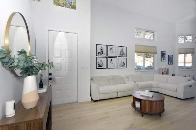 living room featuring a high ceiling and light wood-style floors