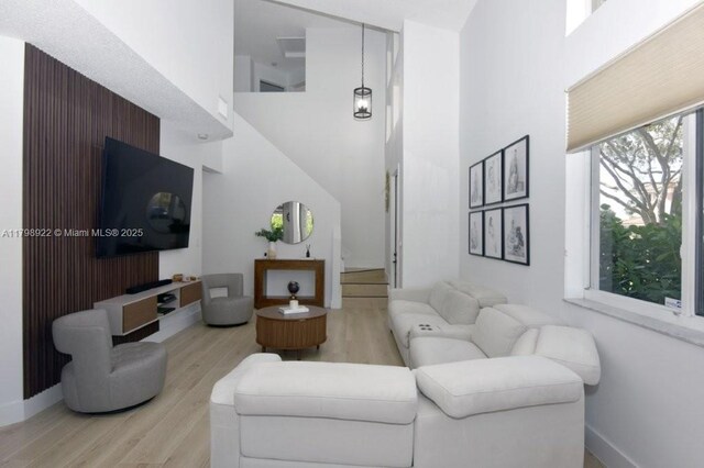 15899 SW 12th St, Pembroke Pines, FL 33027 - living area with a towering ceiling, light wood-type flooring, and baseboards
