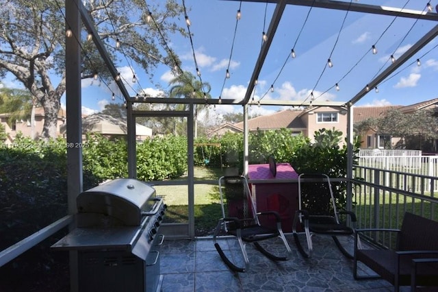 view of patio with a fenced backyard and area for grilling
