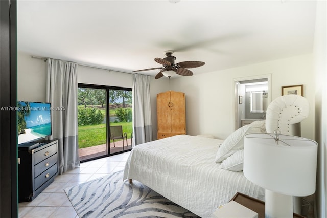 3620 E Forge Rd Unit 16, Davie, FL 33328 - bedroom featuring access to outside, light tile patterned flooring, connected bathroom, and ceiling fan