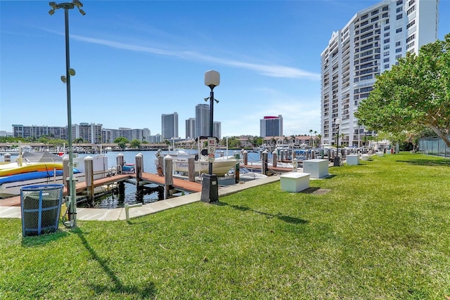 600 Three Islands Blvd Unit 1703, Hallandale Beach, FL 33009 - dock featuring a lawn, a view of city, and a water view