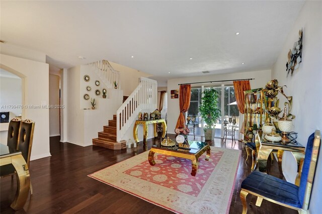 5354 NW 119th Ter, Coral Springs, FL 33076 - living area with stairs, wood finished floors, and recessed lighting