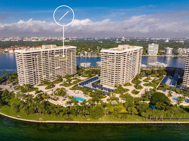view of urban area featuring a nearby body of water and a pool