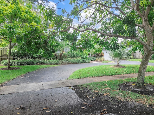 view of yard with fence and asphalt driveway