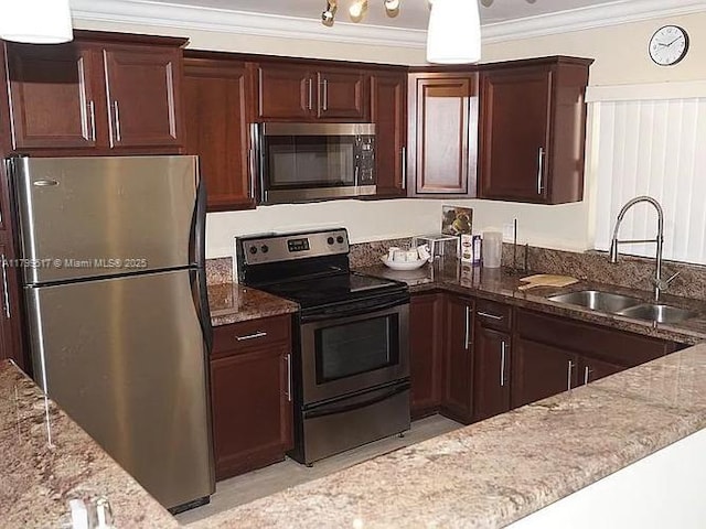 3361 NW 85th Ave Unit 201, Coral Springs, FL 33065 - kitchen with stainless steel appliances, a sink, light stone countertops, crown molding, and dark brown cabinets