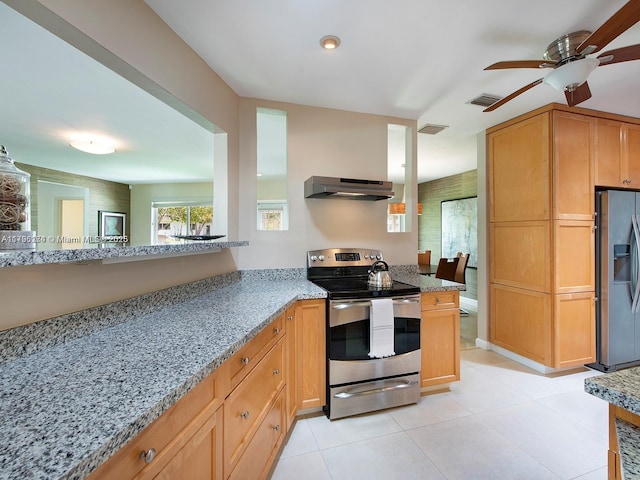 10643 NE 10th Pl, Miami Shores, FL 33138 - kitchen featuring electric stove, refrigerator with ice dispenser, exhaust hood, ceiling fan, and light stone countertops