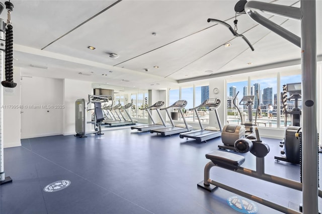 4250 Biscayne Blvd Unit 1112, Miami, FL 33137 - exercise room with a skyline view, recessed lighting, baseboards, and expansive windows
