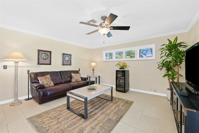 5221 Roosevelt St, Hollywood, FL 33021 - living room with ceiling fan, ornamental molding, wine cooler, light tile patterned floors, and baseboards