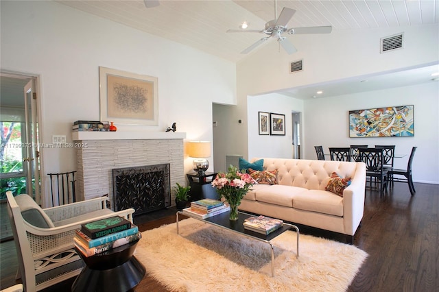 246 NE 92nd St, Miami Shores, FL 33138 - living room with wood finished floors, a fireplace, ceiling fan, and high vaulted ceiling