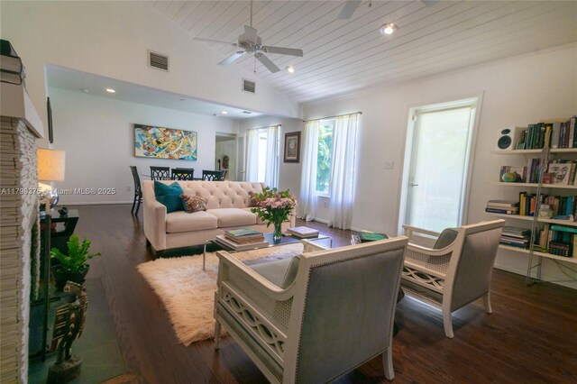 246 NE 92nd St, Miami Shores, FL 33138 - living room featuring vaulted ceiling, a ceiling fan, wooden ceiling, wood finished floors, and recessed lighting