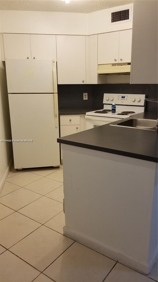 216 Lake Pointe Dr Unit 128, Oakland Park, FL 33309 - kitchen with white appliances, under cabinet range hood, dark countertops, and white cabinets