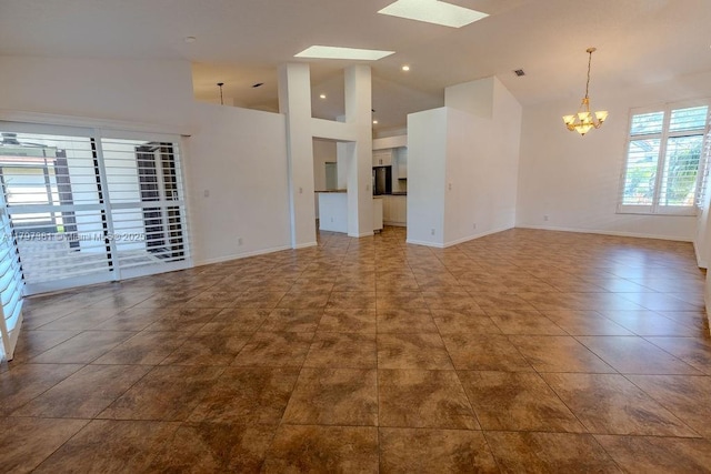 808 Hampton Ct, Weston, FL 33326 - tiled empty room with a skylight, a chandelier, baseboards, and high vaulted ceiling
