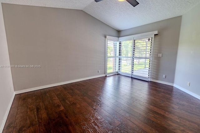 808 Hampton Ct, Weston, FL 33326 - empty room with dark wood-type flooring, lofted ceiling, ceiling fan, baseboards, and a textured ceiling