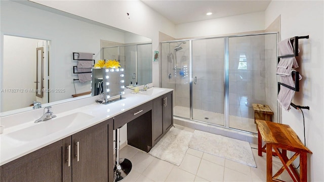 22986 SW 128th Pl, Miami, FL 33170 - bathroom featuring a shower stall, tile patterned floors, and double vanity