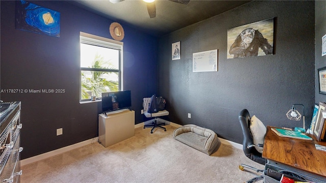 22986 SW 128th Pl, Miami, FL 33170 - home office featuring a ceiling fan, carpet, and baseboards