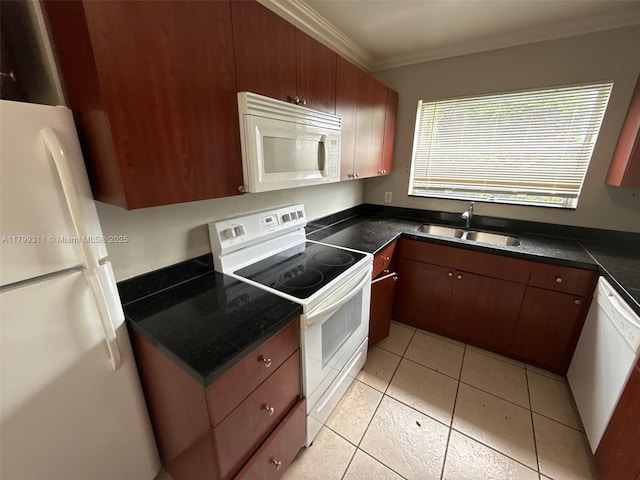 4920 NW 11th St, Lauderhill, FL 33313 - kitchen featuring white appliances, a sink, crown molding, and light tile patterned flooring